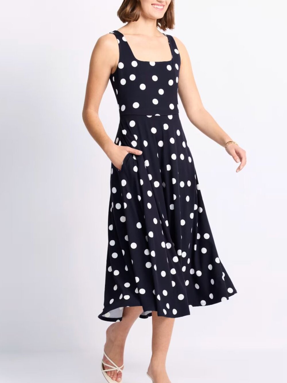 Nine Britton Marinca Square Neck Dress Navy/White Polka Dot Sz L Stitch Fix
